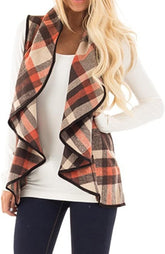 Women Vest Lapel Open Front Buffalo Plaid Sleeveless Cardigan Jacket Coat with Pockets